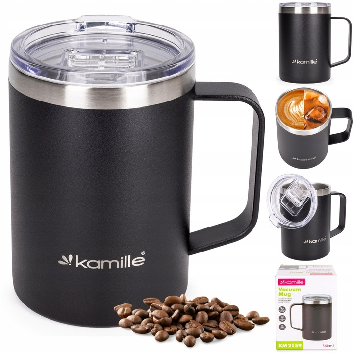 KUBEK TERMICZNY stalowy TERMOS do kawy herbaty z uchwytem KAMILLE 360ml