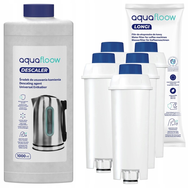 AquaFloow: Odkamieniacz do ekspresu 1l + 5x filtr wody do ekspresu Delonghi