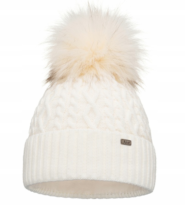 Czapka Damska Z Pomponem Zimowa kremowa Ciepła czapka z polarem PL - ECRU