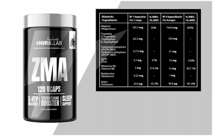 HIRO.LAB ZMA 120 vcaps. - Cynk + Magnez + Witamina B6 + 5HTP + Melatonina