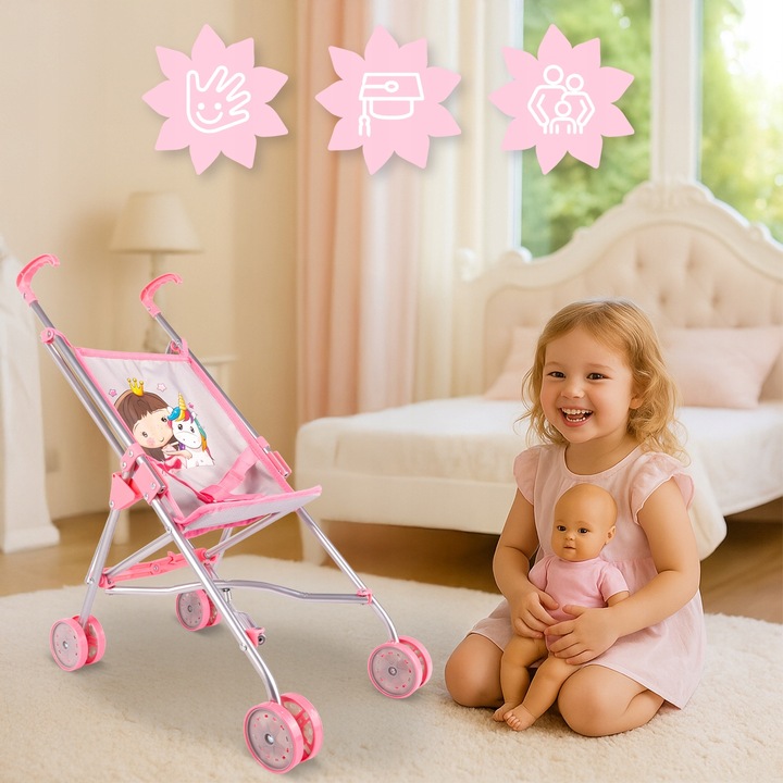 WÓZEK DLA LALEK LEKKI SKŁADANY PARASOLKA SPACERÓWKA JEDNOROŻEC KSIĘŻNICZKA