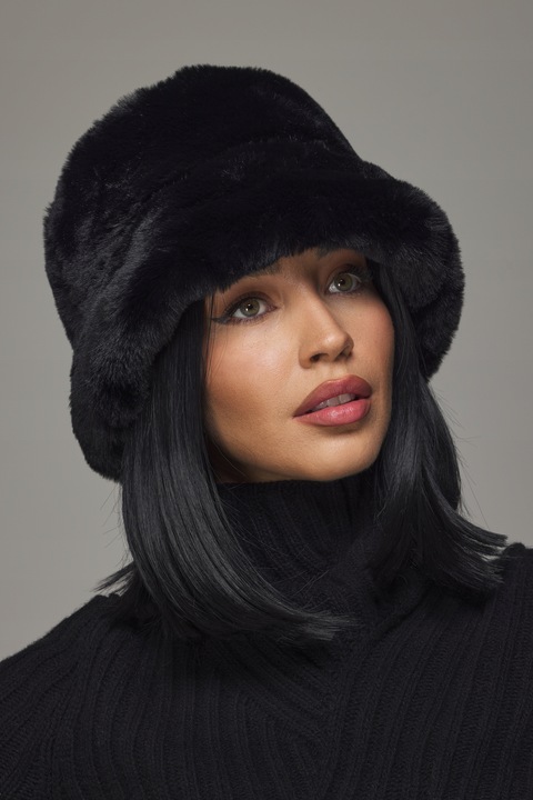 CZAPKA DAMSKA zimowa ciepła z futrem futrzana eko zamsz bucket czarna