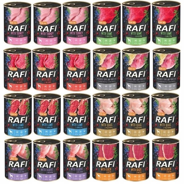 Karma mokra dla psów RAFI puszki MIX 4 SMAKÓW 24x400g