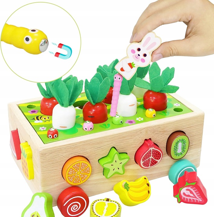 Układanka Montessori Sorter Klocków Złap Robaczka Drewniany Wózek Marchewki