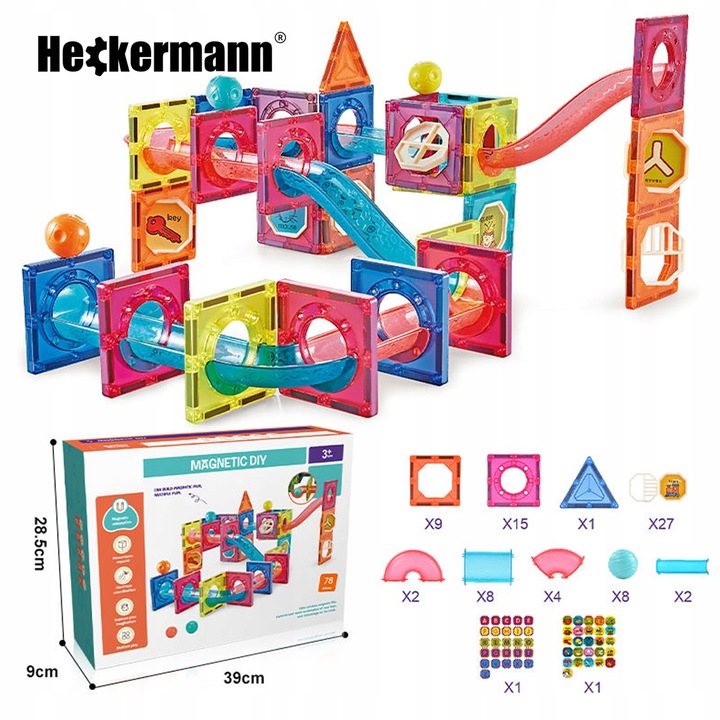 KLOCKI MAGNETYCZNE EDUKACYJNE DUŻE PŁYTKI TOR KULKOWY ZESTAW 76 ELEMENTÓW