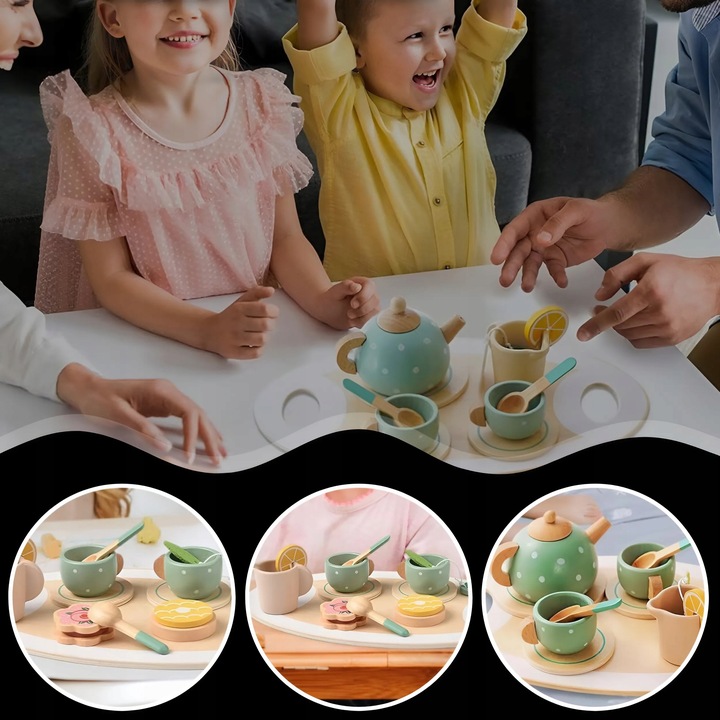 ZESTAW DO HERBATY KAWY DLA DZIECI DREWNIANY SERWIS KAWOWY DO ZABAWY PREZENT