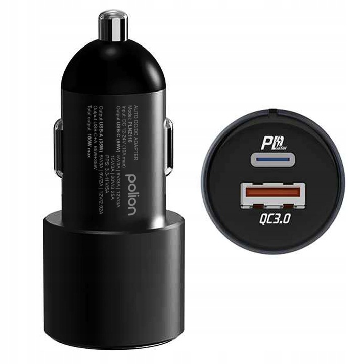 Mocna ładowarka samochodowa POLION USB-A USB-C 100W QC3.0 PD 3A
