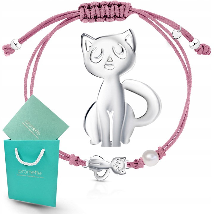 Bransoletka dla dziewczynki srebrna na sznurku kotek srebro 925 regulowana