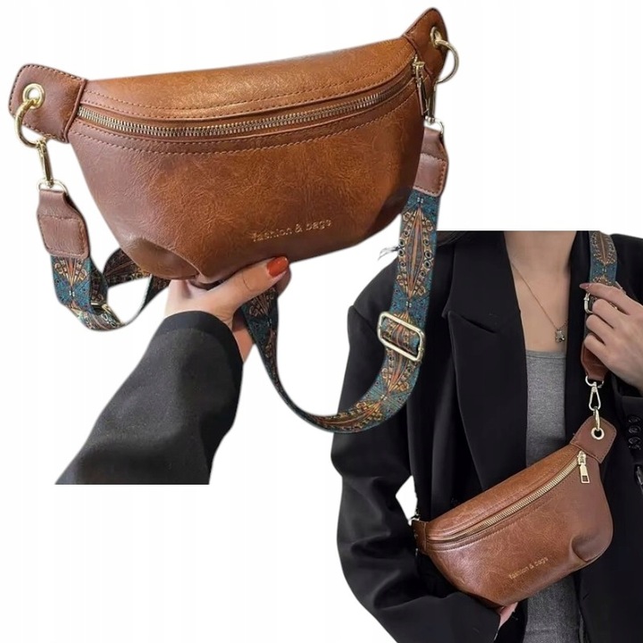 Torebka Damska Nerka BRĄZOWA Pojemna na Ramię Pasek Kolorowy Złoty Zamek