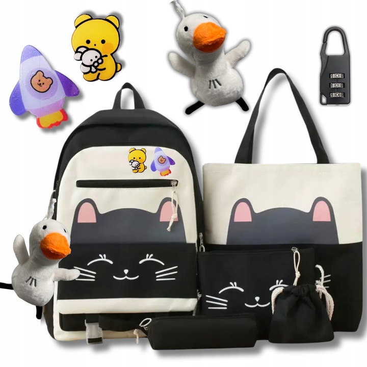 PLECAK SZKOLNY KOT KOTEK MŁODZIEŻOWY + PIÓRNIK CZARNY ZESTAW Z KOTKIEM 5w1