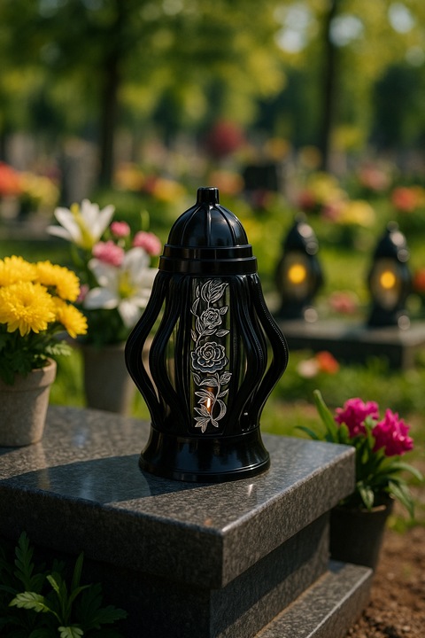 Duży znicz 35cm z pięknym motywem kwiatów nowy wzór ażurowy czarny srebrny