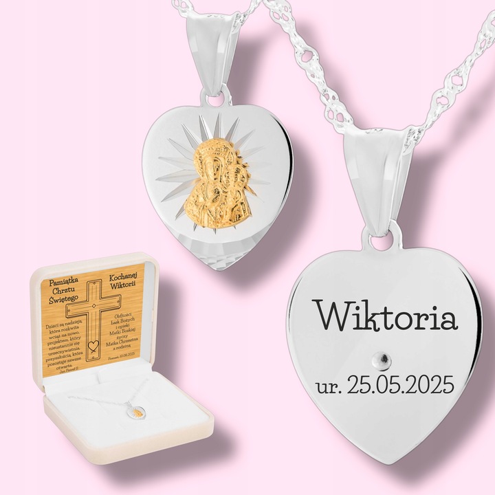 Srebrny medalik pr. 925 Matka Boska Częstochowska Grawer Prezent na Chrzest