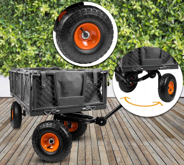 WÓZEK OGRODOWY TRANSPORTOWY PRZYCZEPKA TACZKA KOŁA PLANDEKA DO 400KG 100L