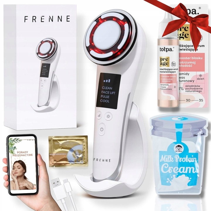 MEZOTERAPIA BEZIGŁOWA MASAŻER EMS TWARZY LIFTING 8W1 FRENNE ZESTAW + GRATIS