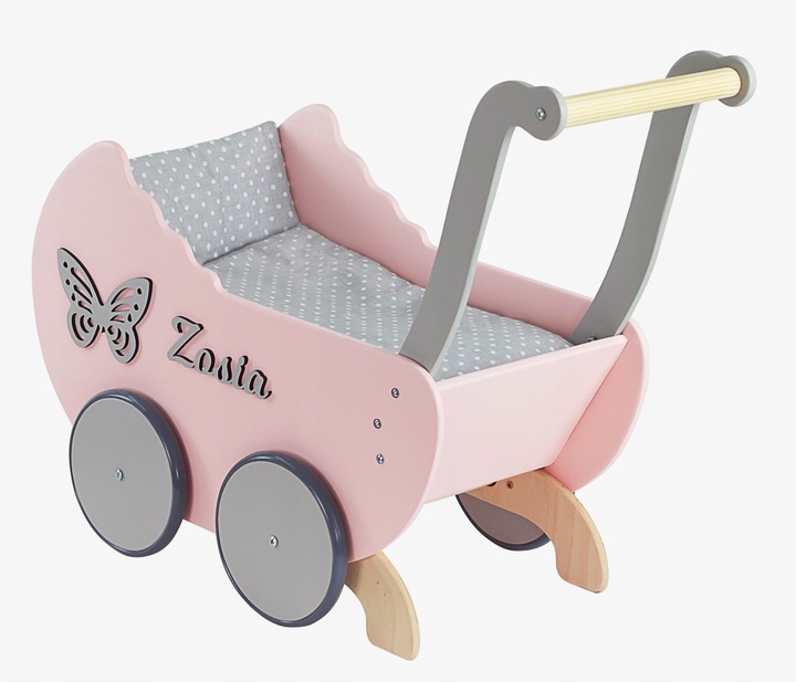drewniany WÓZEK DLA LALEK +IMIĘ + POŚCIEL +stopery