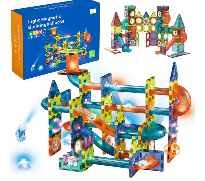 KLOCKI MAGNETYCZNE ŚWIECĄCY TOR KULKOWY 110 ELEMENTÓW KULODROM ZESTAW