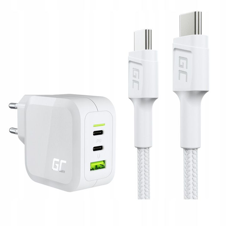 Biała Ładowarka GaN 65W + Kabel USB-C - USB-C 60W 200cm Power Delivery