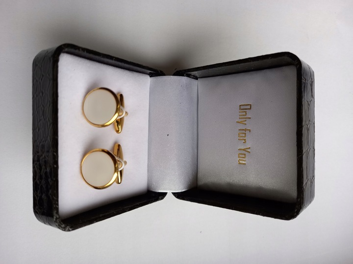 Spinki do mankietów EXC Złote Ślubne pozłacane masa perłowa w pięknym Etui