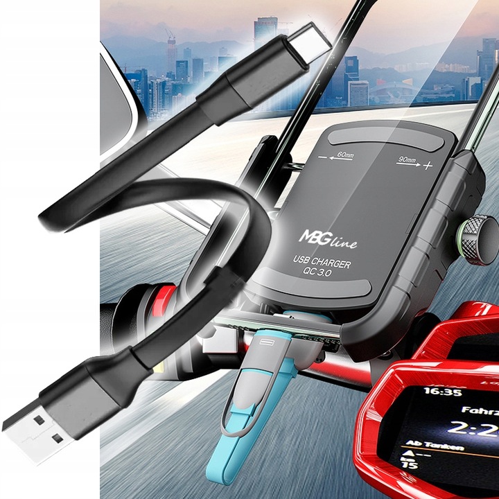 UCHWYT MOTOCYKLOWY NA TELEFON SZYBKA ŁADOWARKA USB QC3.0 MOTOCYKL + KABEL