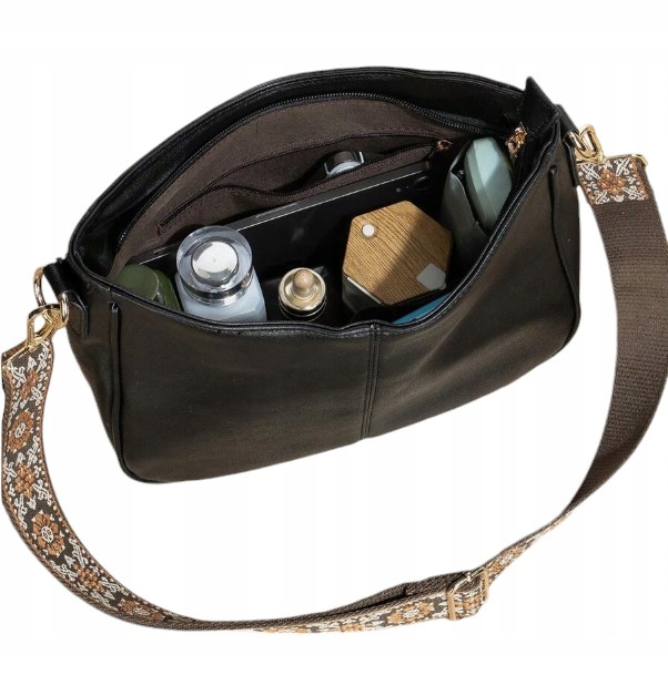 Torebka Damska Czarna Elegancka Pojemna na Ramię Pasek Brązowy