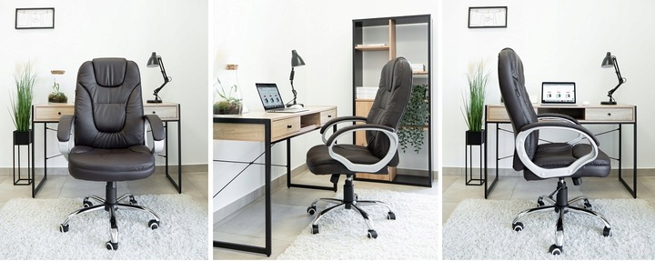 FOTEL BIUROWY OBROTOWY KRZESŁO BIUROWE OBROTOWE ERGONOMICZNY SKÓRZANY BRĄZ