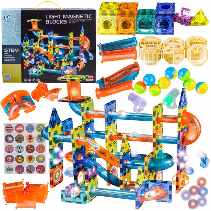KLOCKI MAGNETYCZNE ŚWIECĄCY TOR KULKOWY ZJAZD dla kulek 110el duży zestaw