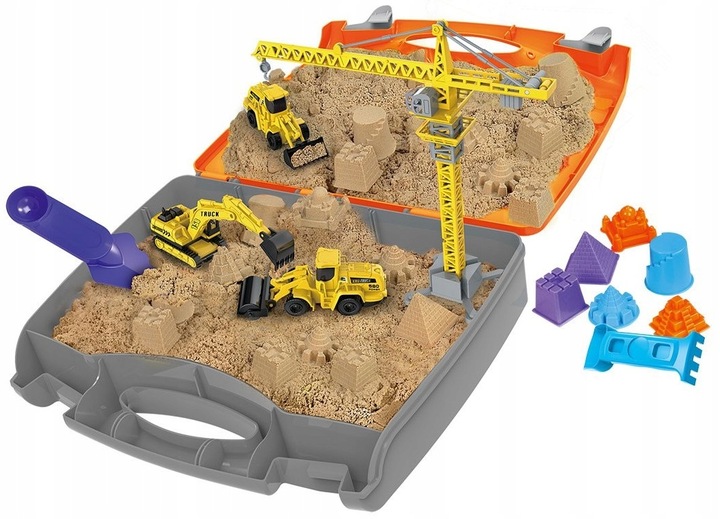 PIASEK KINETYCZNY PLAC BUDOWY ZESTAW W WALIZCE DŹWIG KOPARKA WALEC ZABAWKA