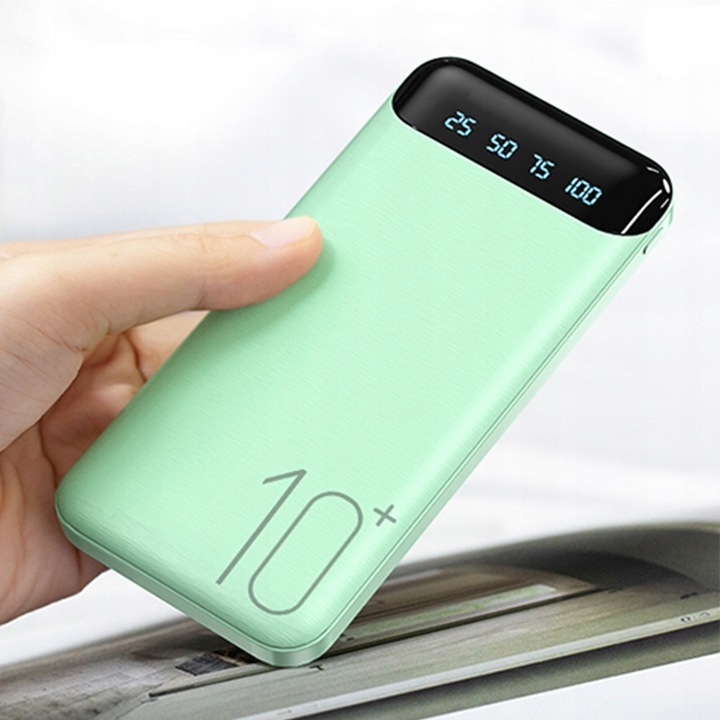 POWERBANK 10000mAh 2,4A 2×USB/USB-C SZYBKI WYDAJNY POWER BANK LED ZIELONY