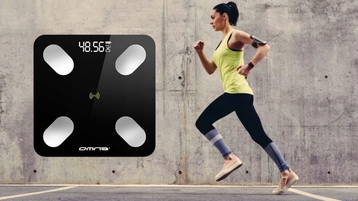 Inteligentna waga łazienkowa smart szklana OMNA aplikacja, miarka i baterie