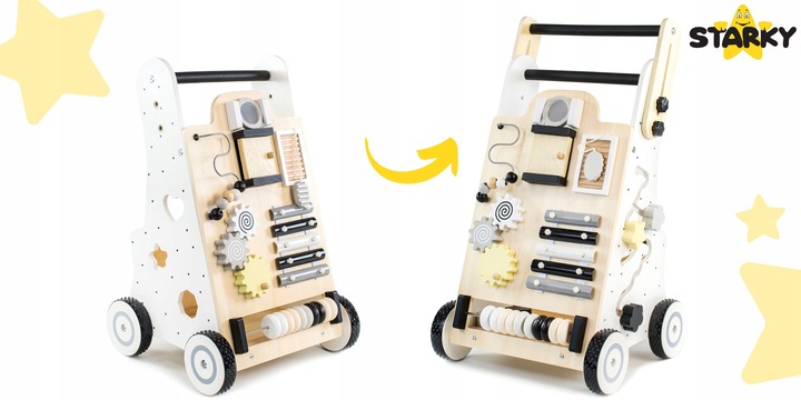 Jeździk pchacz drewniany chodzik dla dziecka dzieci tablica manipulacyjna