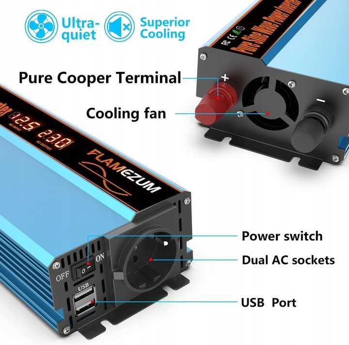 Przetwornica FLAMEZUM 1000/2000 W z 12 V/230 V czysta sinusoida 2xUSB 1x230