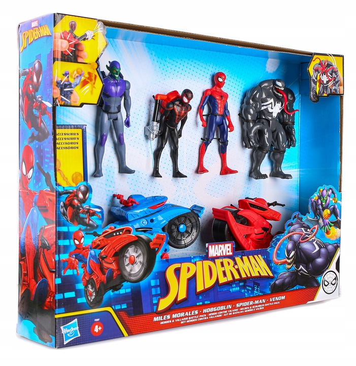 ZESTAW 4 FIGUREK SPIDERMAN VENOM GOBLIN MILES MORALES +2 POJAZDY +AKCESORIA