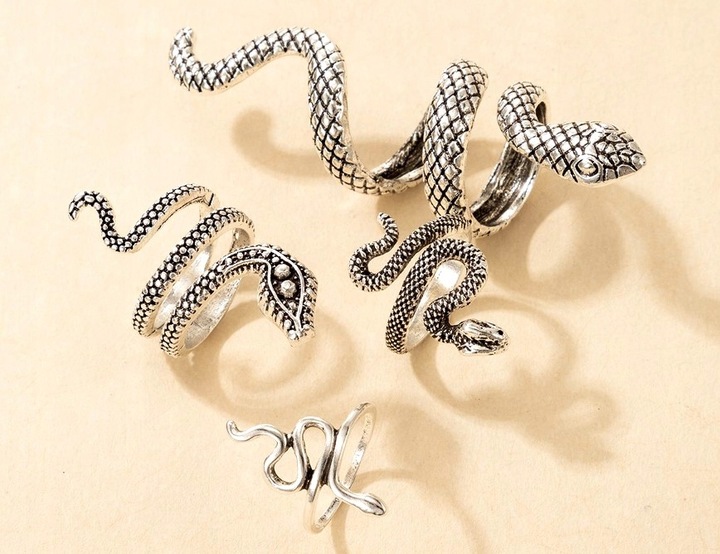 Komplet pierścionków srebrnych Metalowe Antyczne Srebro Punkowe węże snake