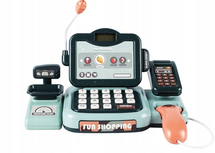 KASA FISKALNA SKLEPOWA INTERAKTYWNA SKANER WYŚWIETLACZ LCD DZWIĘK AKCESORIA