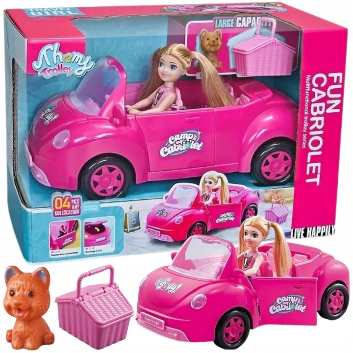 Lalka w samochodzie z pieskiem i koszykiem DLA DZIEWCZYN kabriolet prezent
