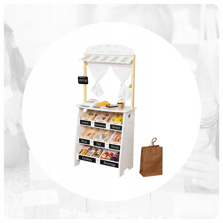 DREWNIANY STRAGAN TEATRZYK MINI MARKET SKLEP WARZYWNIAK Z AKCESORIAMI