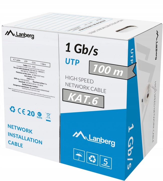 KABEL PRZEWÓD SIECIOWY LAN SKRĘTKA RJ45 UTP KAT.6 CAT.6 100M LANBERG