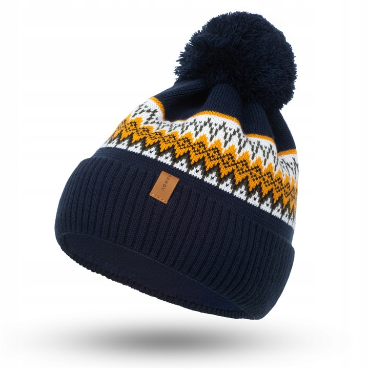 NANDY Czapka Męska z Pomponem Ocieplana Polarem Ciepła Wzór Zimowa Norweska