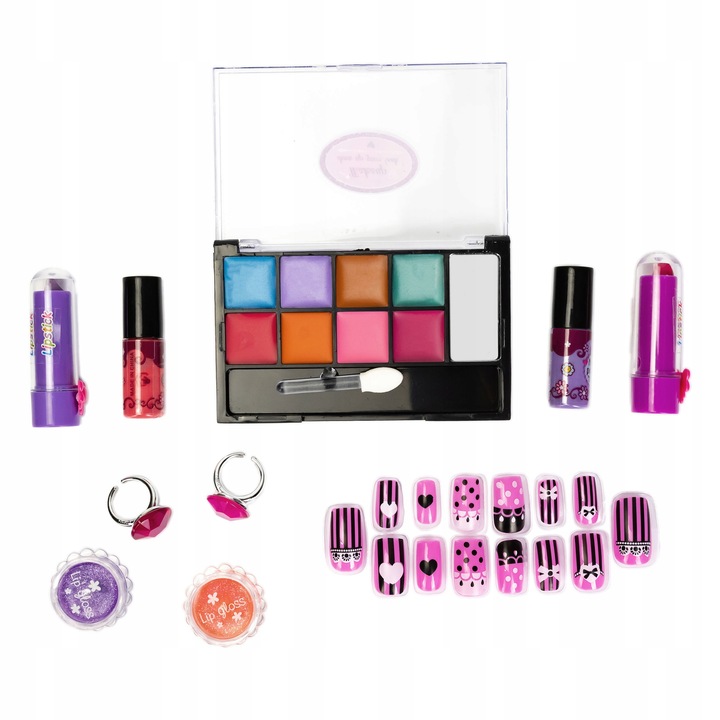 KUFEREK KOSMETYCZKA DLA DZIEWCZYNKI CIENIE LAKIERY TIPSY SZMINKA +BIŻUTERIA