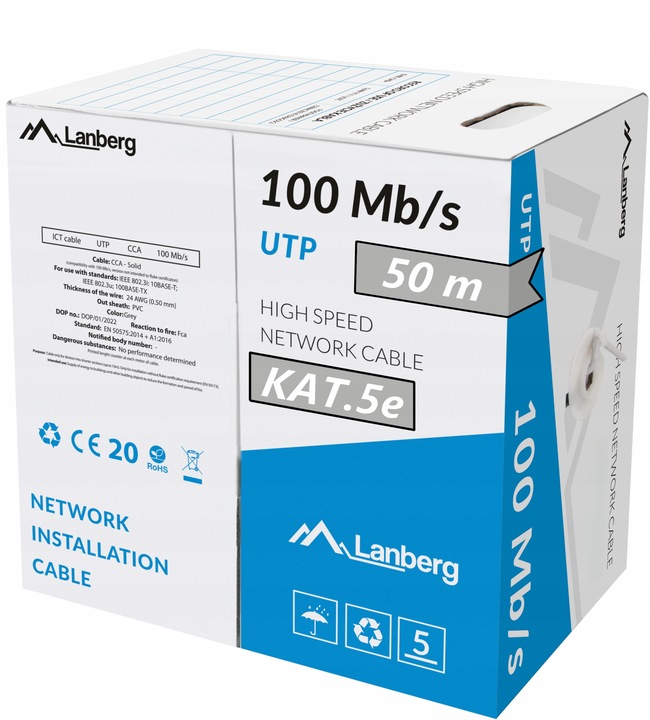 KABEL PRZEWÓD SIECIOWY LAN SKRĘTKA RJ45 UTP KAT.5E CAT.5E 50M LANBERG