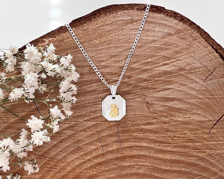 Srebrny łańcuszek 45cm pancerka medalik 925 pozłacana Matka Boska Komunia