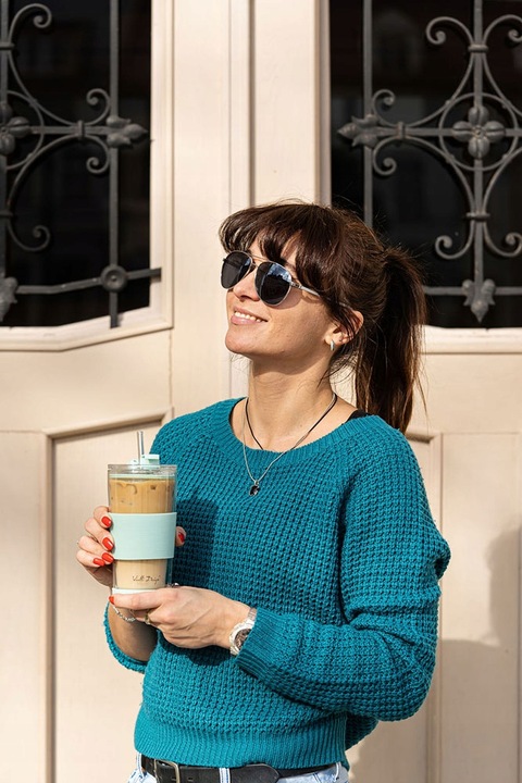 Szklany kubek do kawy ze słomką Vialli Design FUORI 600ml 30428 (miętowy)