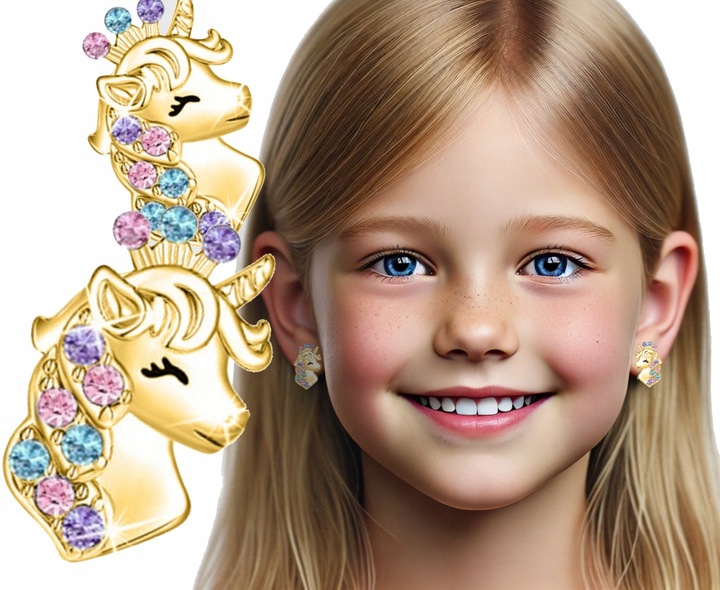 Srebrne kolczyki jednorożce wkrętki dla dziecka sztyfty srebro pozłacane