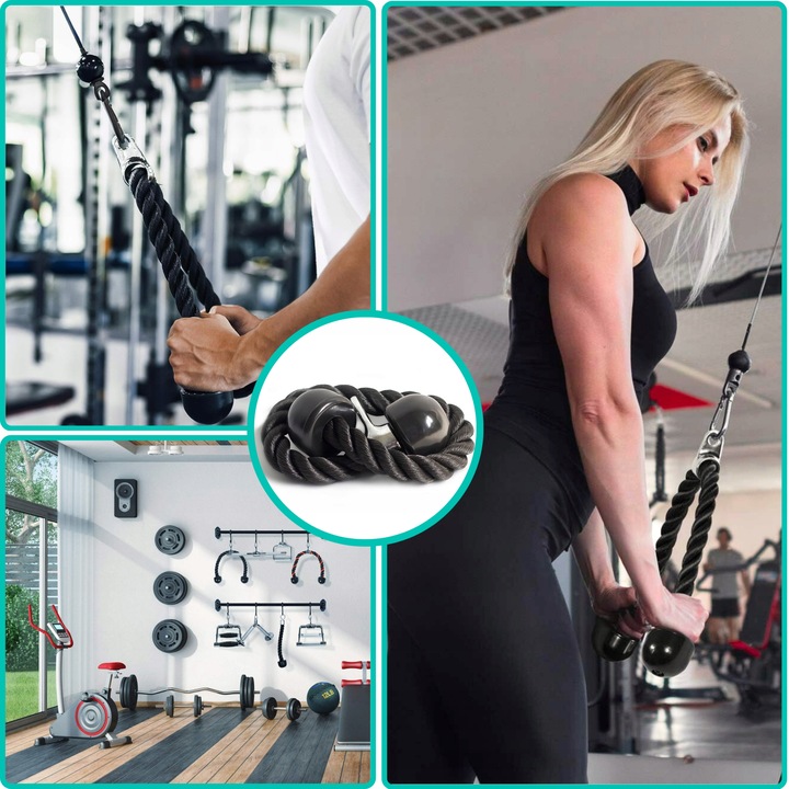 SZNUR UCHWYT DO WYCIĄGU LINA NA TRICEPS MASYWNA I SOLIDNA Z KARABIŃCZYKIEM