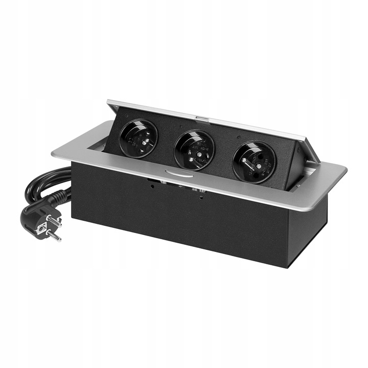 gniazdo wpuszczane chowane w blat potrójne stalowe Srebrne gniazdo meblowe