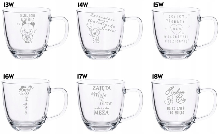 2 Duże Szklane Kubki Grawer LOGO 420ml Prezent dla pary Walentynki WZORY