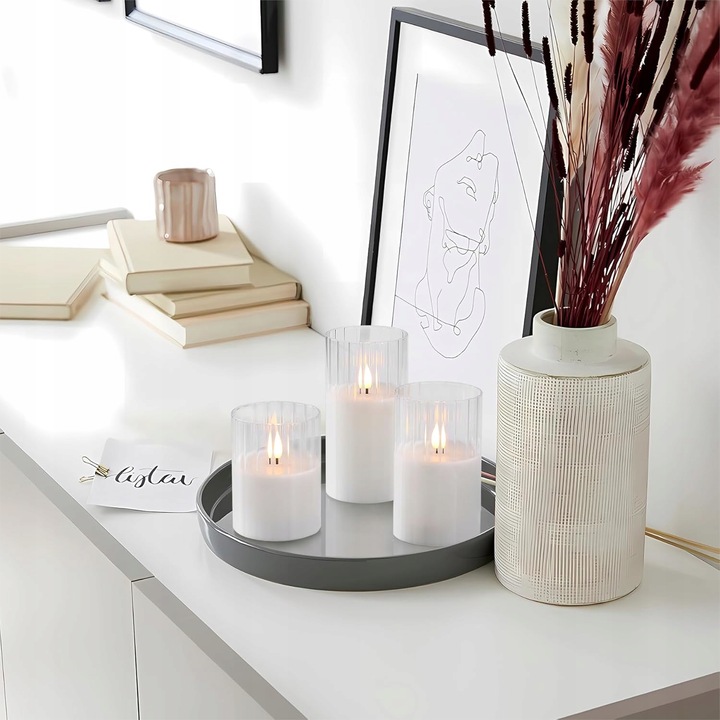 3 ŚWIECE ŚWIECZKI OZDOBNE LED SZKŁO DEKORACYJNE ŚWIĄTECZNE + PILOT