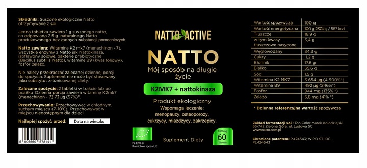 Natto Active witamina K2 MK-7 Nattokinase w 60 ekologicznych tabletkach
