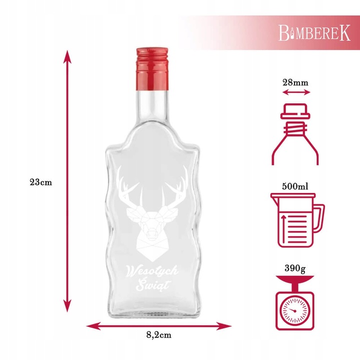 10x Butelki Szklane FALA 500ml z NADRUKIEM ŚWIĄTECZNYM na Prezent Nalewki