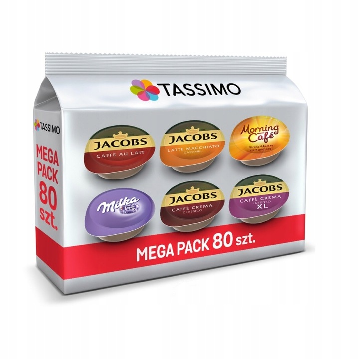 Kapsułki TASSIMO Jacobs MEGAPACK 80 kaw, 5+1 opakowanie + ciastka GRATIS!